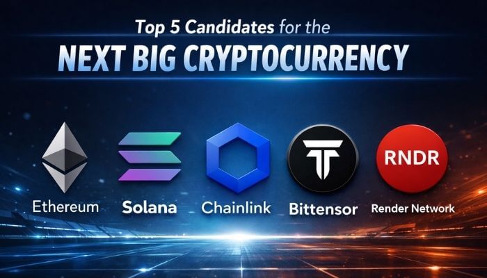 Top 5 Candidates for the Next Big Cryptocurrency 1 - Incryptocoin Next Big Cryptocurrency 2026 top candidates including Ethereum, Solana, Chainlink, Bittensor, and Render Network logos