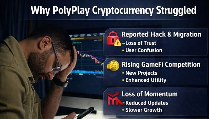 Why PolyPlay Cryptocurrency Struggled - Incryptocoin PolyPlay Cryptocurrency decline showing investor stress, falling crypto charts, and key issues like hack impact, competition, and loss of momentum