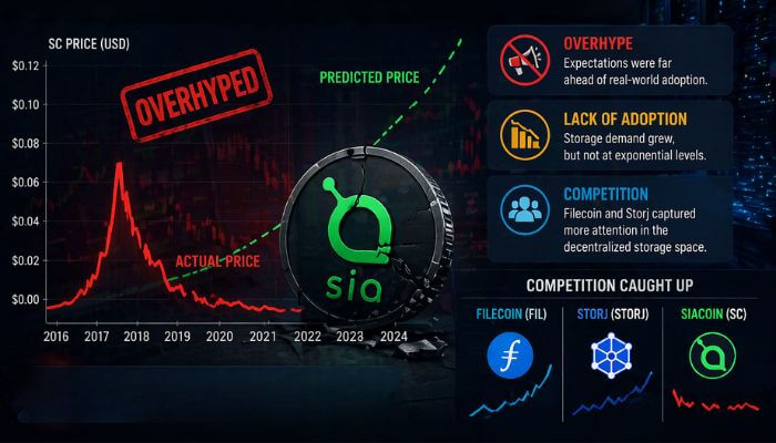 Why Previous Siacoin Price Predictions Failed 1 - Incryptocoin Siacoin Price Predictions analysis graphic showing historical performance decline, overhype cycle, competition impact, and reasons why previous forecasts failed in the crypto market.