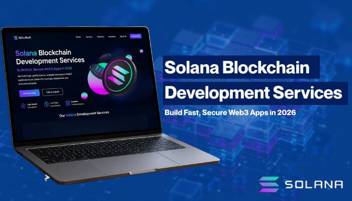 Solana Blockchain Development Services laptop banner showing fast and secure Web3 app development solutions in 2026