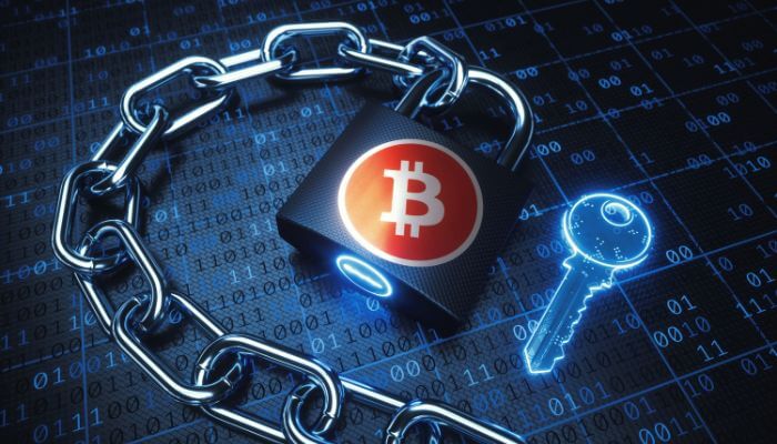 Understanding BitClassic in the Blockchain Ecosystem 1 - Incryptocoin Padlock with a Bitcoin logo chained to a metal chain over a digital code background, symbolizing crypto security.