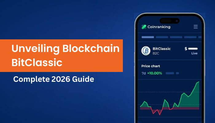 Banner with orange block reading 'Unveiling Blockchain BitClassic' and subtitle 'Complete 2026 Guide' beside a smartphone showing a crypto price chart (BitClassic) on a dark blue background.